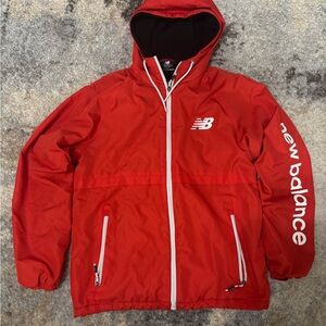 New Balance Red Windbreaker with Hood and Water-Resistant Material